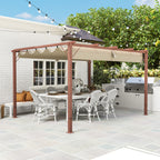Gazebo Pergola with Retractable Roof, Pegs and Screws, in Polyester and Aluminum, 382x300x232 cm, Wood Color