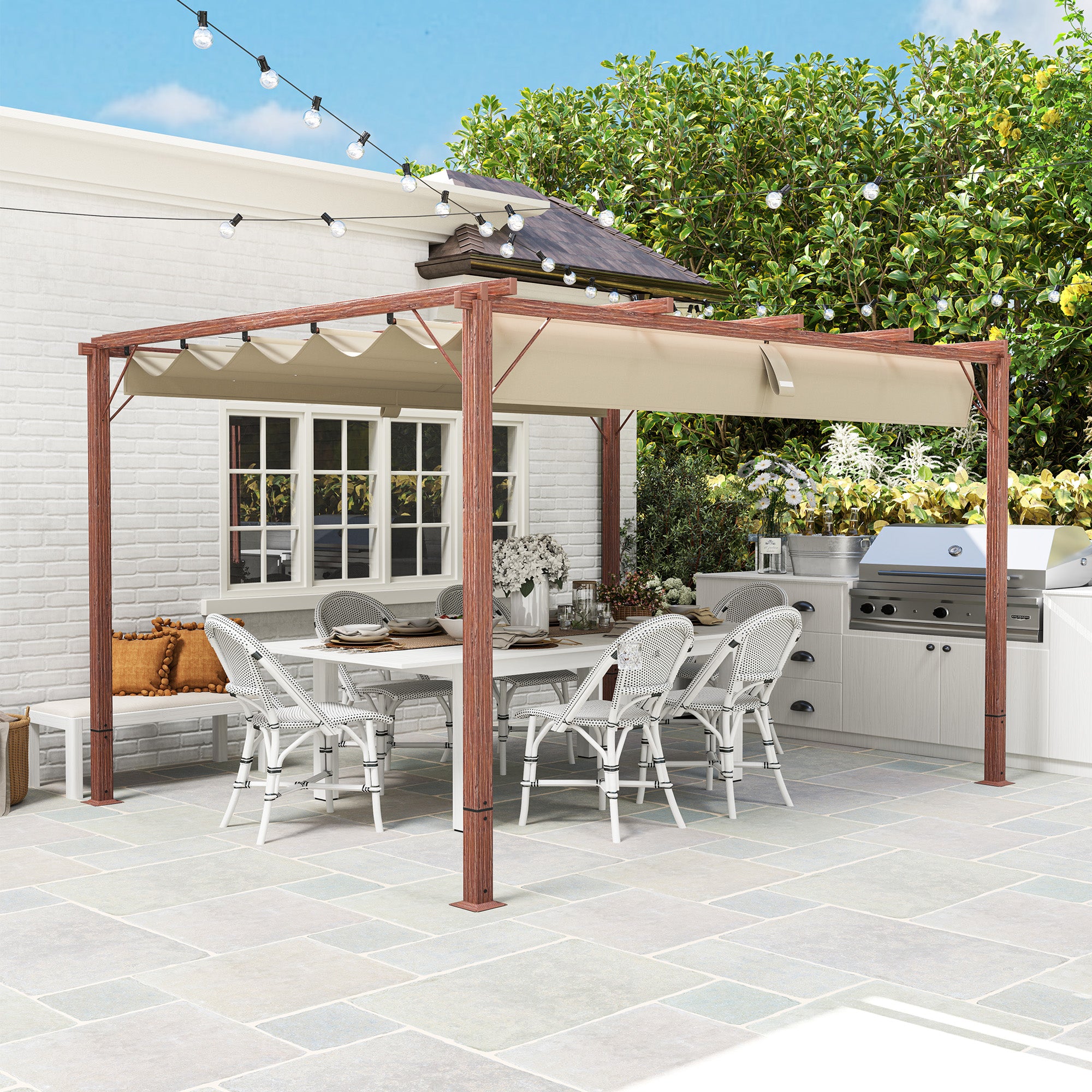 Gazebo Pergola with Retractable Roof, Pegs and Screws, in Polyester and Aluminum, 382x300x232 cm, Wood Color