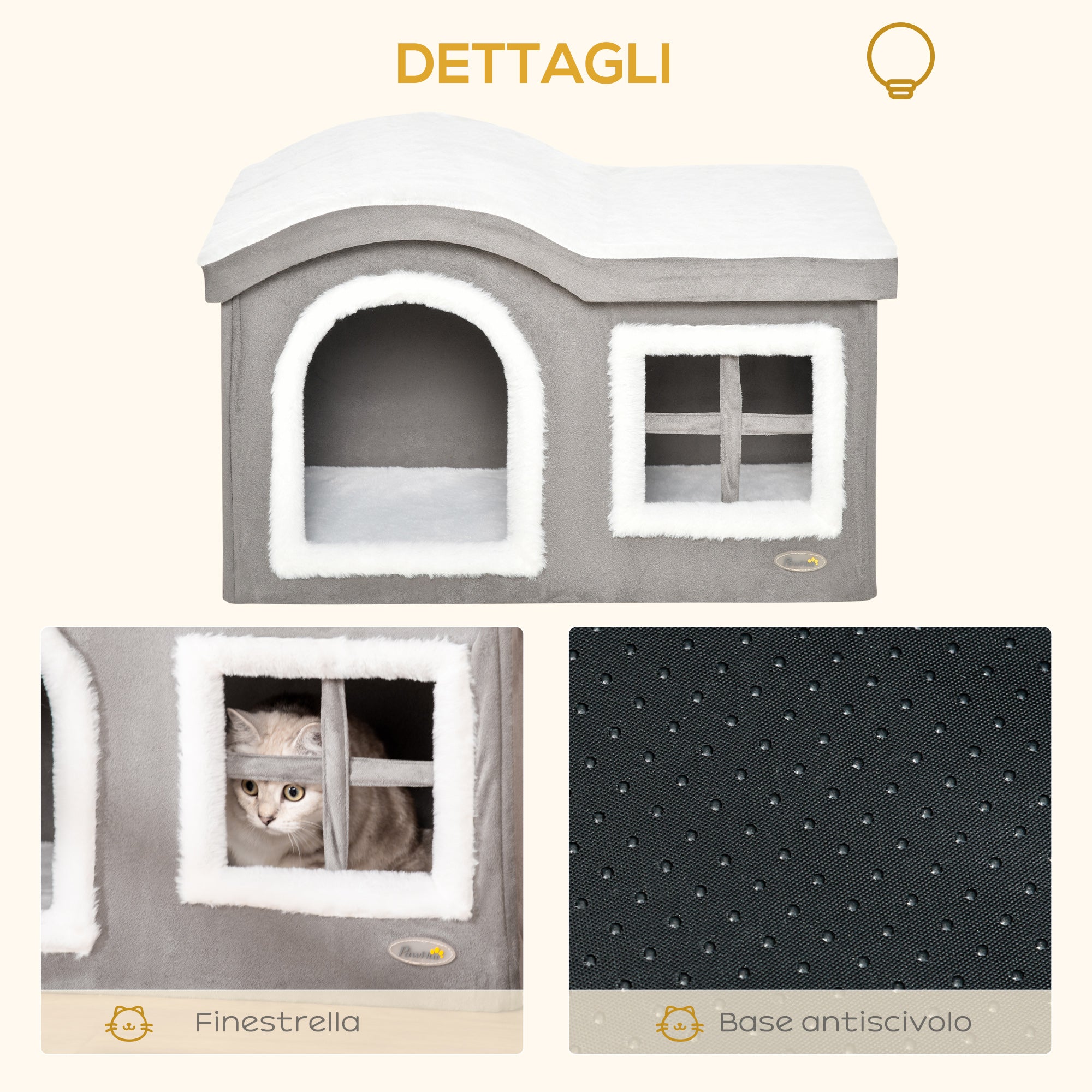 Pawhut Indoor Cat House with 2 Entrances, Window and Non-Slip Base, 63.5x37x40 cm, Grey