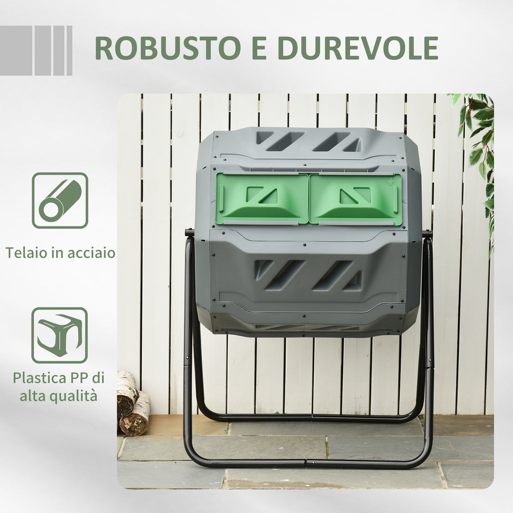 2-Section Rotating Garden Composter with 8 Air Vents, Steel and PP, 71x65x96 cm, Grey