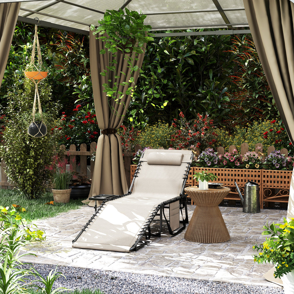 Folding and Reclining Deckchair with 5 Levels with Side Table and Pocket, 60x190x31 cm, Cream