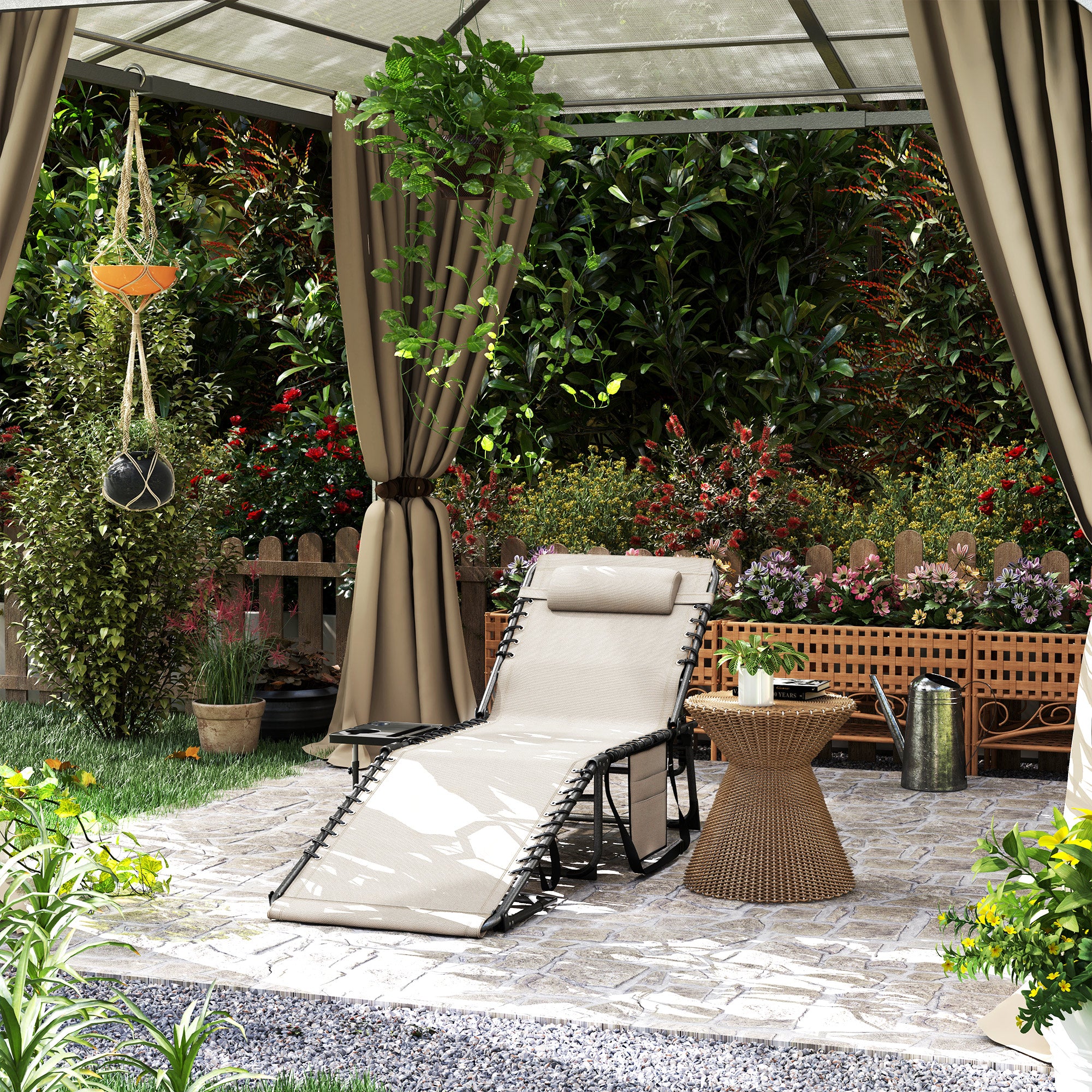 Folding and Reclining Deckchair with 5 Levels with Side Table and Pocket, 60x190x31 cm, Cream