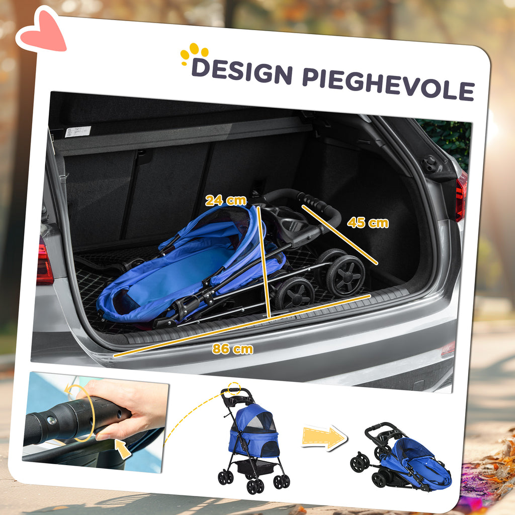 Folding Dog Stroller with Safety Leash and Storage Basket, Blue