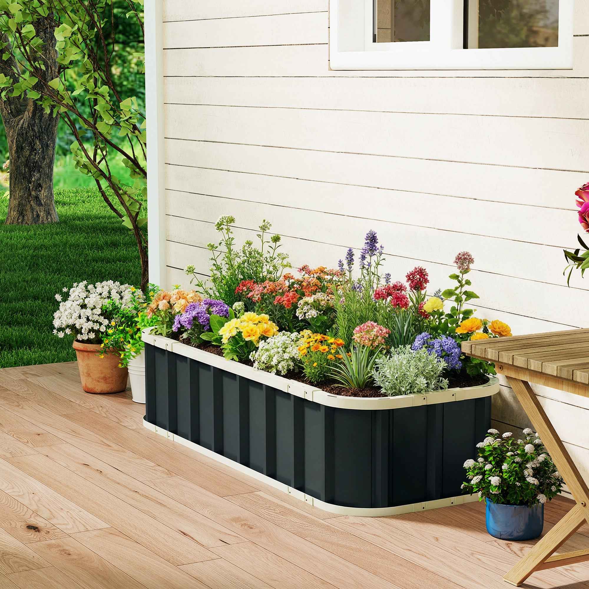 Outsunny Raised Garden Bed with Open Bottom and Folded Steel Edges, 136x52x31 cm, Dark Grey