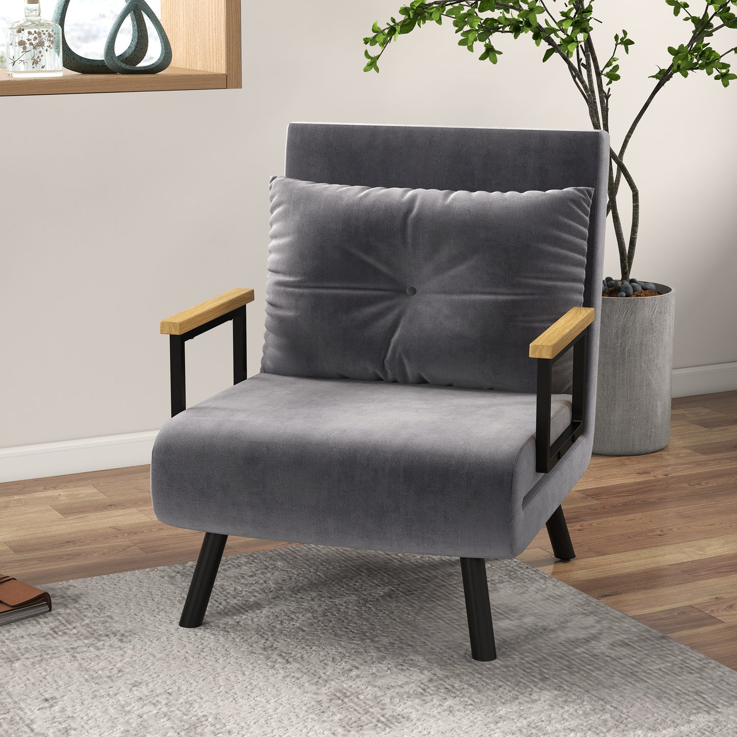 Velvet Dark Grey, 3 in 1 Sofa Bed with 5-Position Reclining Backrest and Cushion, 63x73x81 cm, Dark Grey