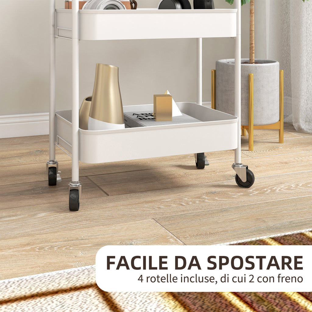 HOMCOM 3-Tier Kitchen Trolley with Handles and 4 Wheels, Steel, 45x30.6x79 cm, White - Borgè