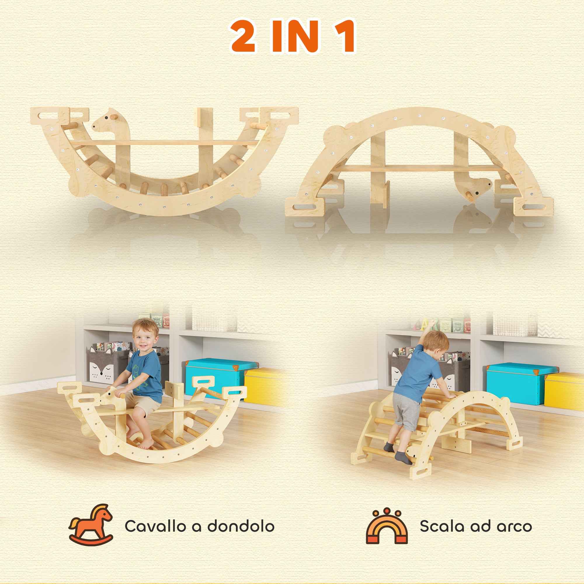 AIYAPLAY Montessori Wooden Arch for Children 2-4 Years Old Convertible into a Rocking Chair 110x52x45 cm, Wood Color