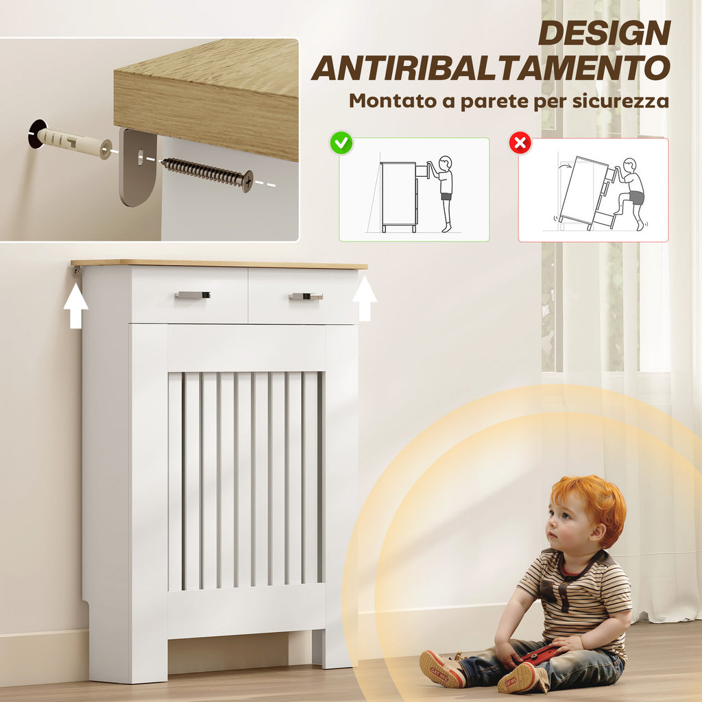 Anti-Tip Slatted Radiator Cover with Drawer, Wooden, 78x19x97 cm, White