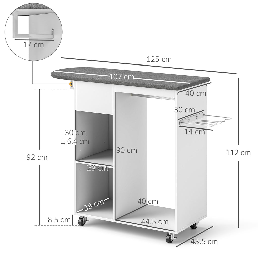 Mobile Ironing Board with Wheels and Iron Holder, Clothes Bar, Drawer and Shelves, 125x43.5x112cm, White