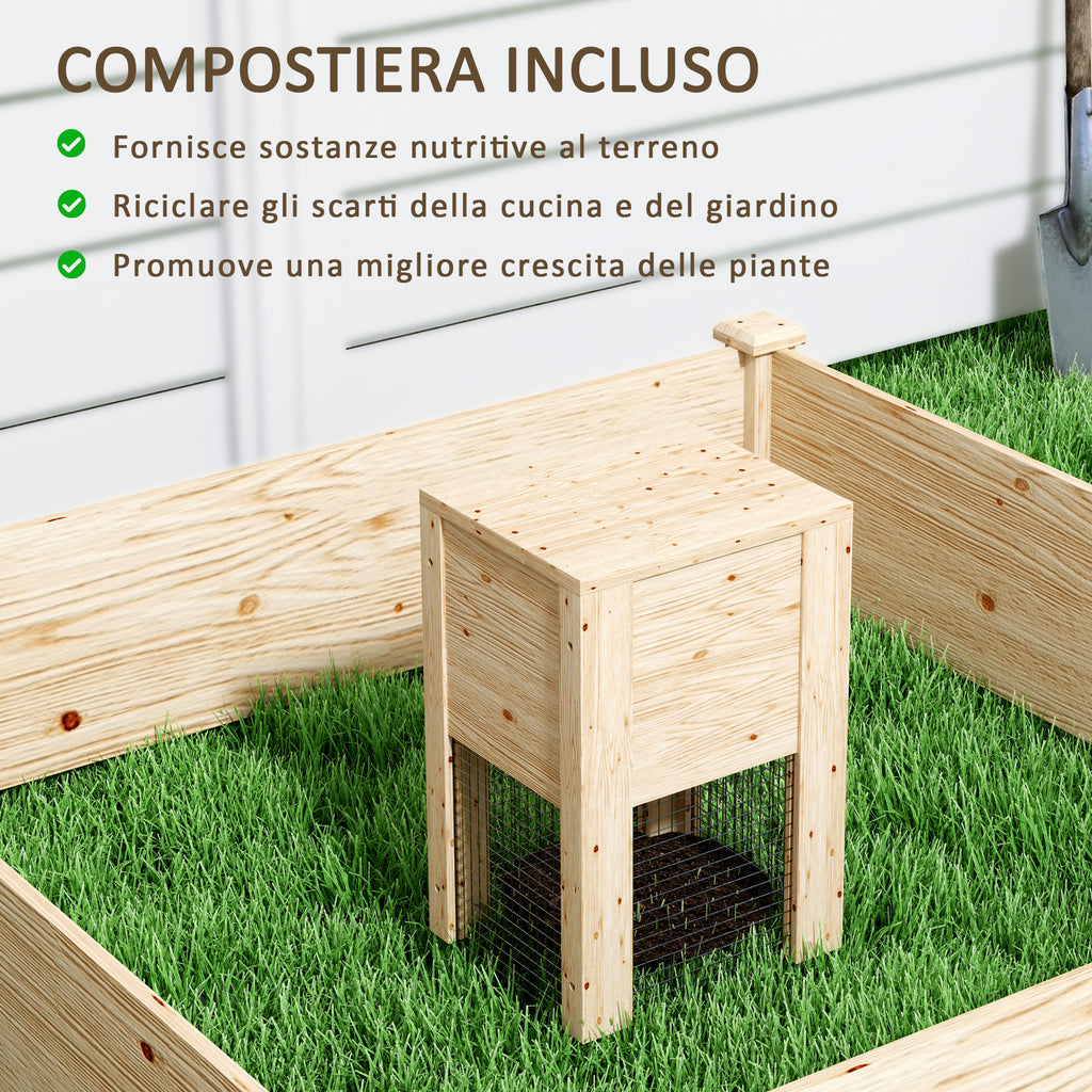 Outdoor Planter in Fir Wood with Composter and Open Bottom, 123x123x25.5 cm, Wood color