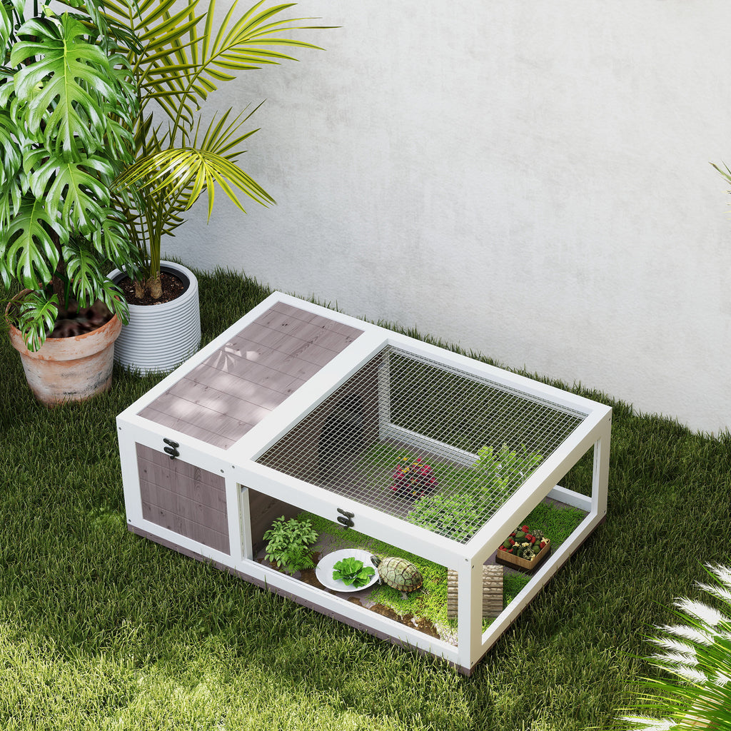 PawHut Wood Tortoise House with Opening Panel and 2 Separate Spaces, Light Brown
