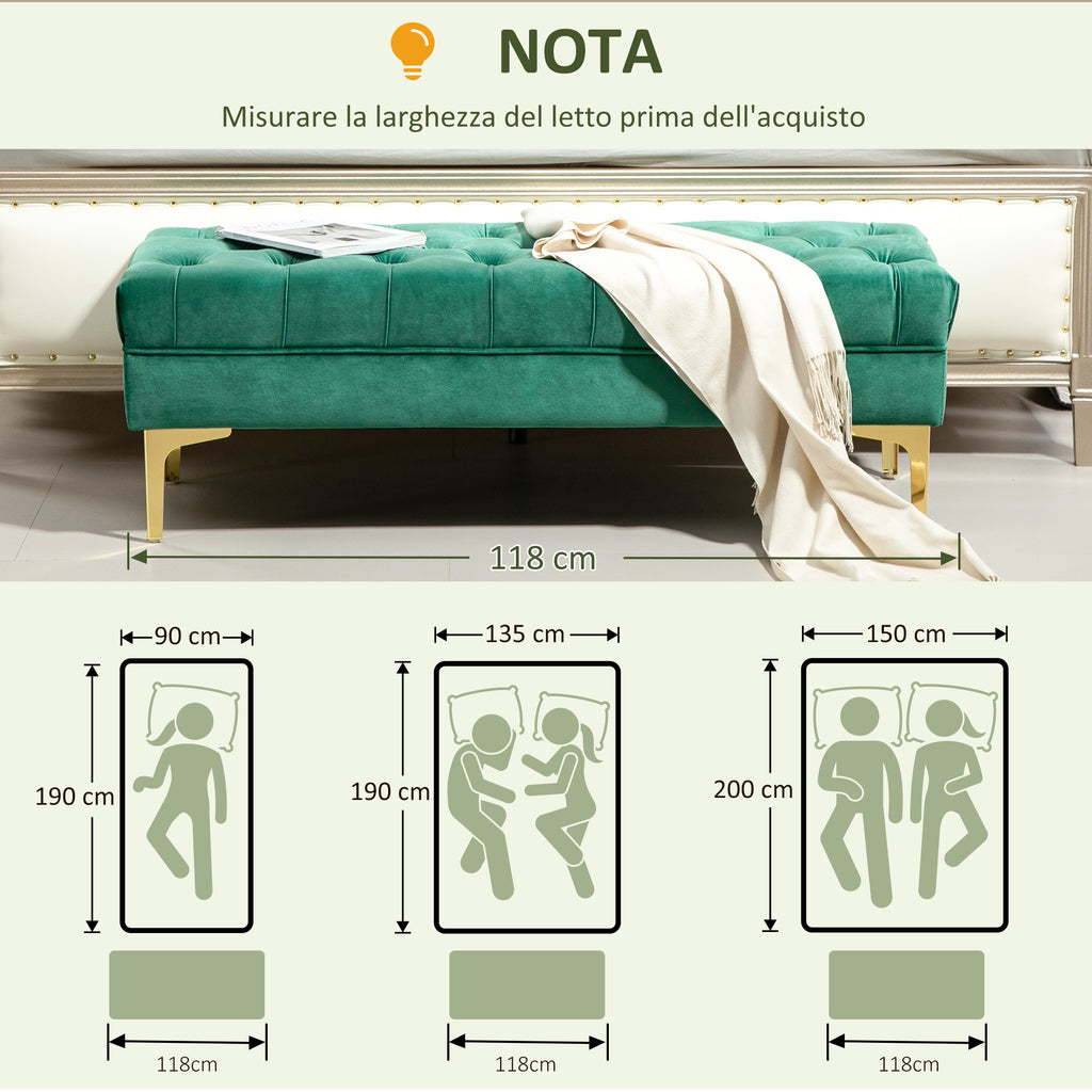 Padded Bed End Bench with Quilted Velvet Fabric Covering, 118x45x42 cm, Dark Green