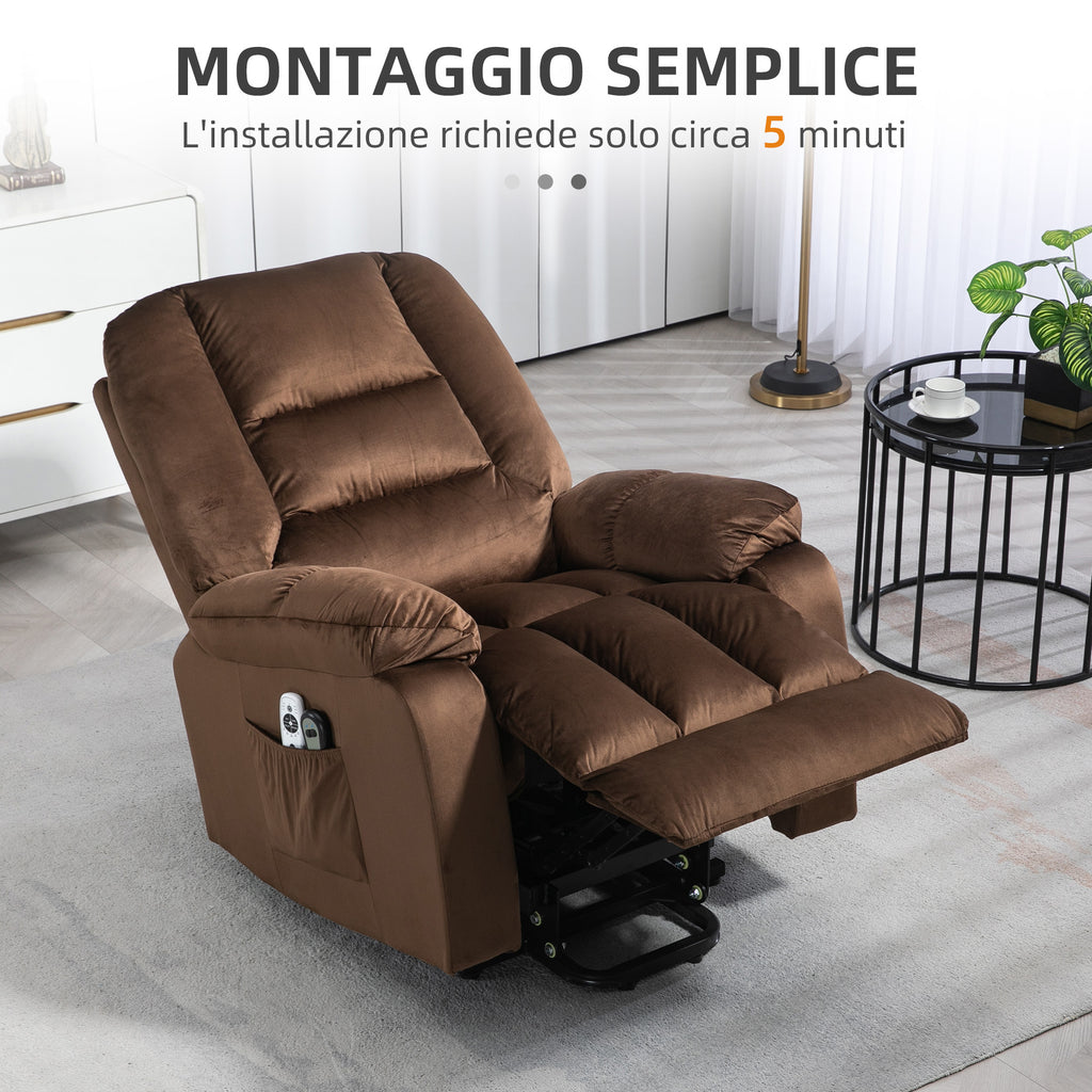 HOMCOM Relaxing Lift Chair, Reclining, Massaging and Heated in Velvet, Brown - Borgè