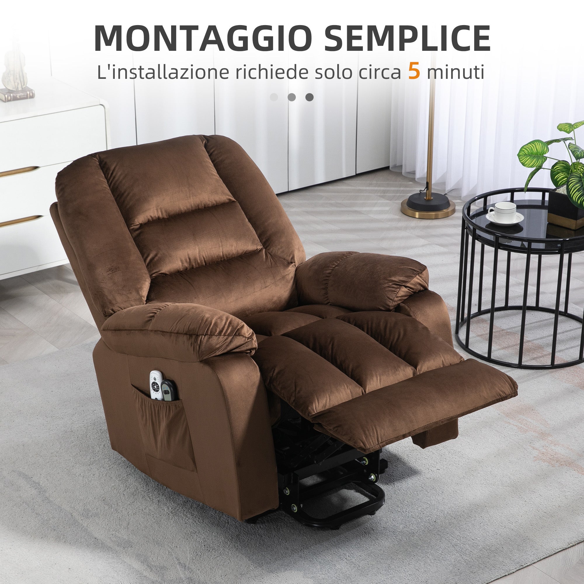 HOMCOM Relaxing Lift Chair, Reclining, Massaging and Heated in Velvet, Brown - Borgè