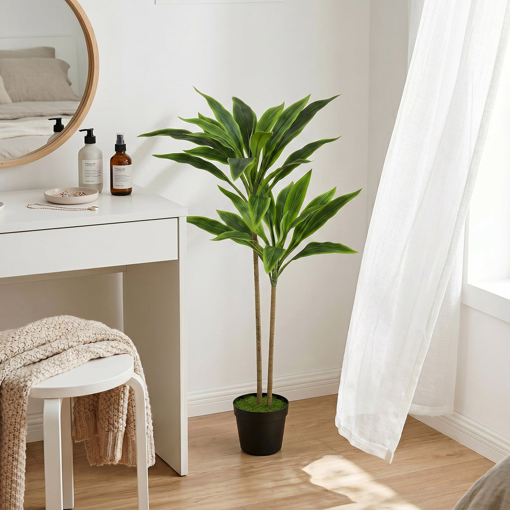 HOMCOM Artificial Cordylinea Plant with 29 PEVA Leaves, Black Pot Filled with Moss Effect Cement, Green