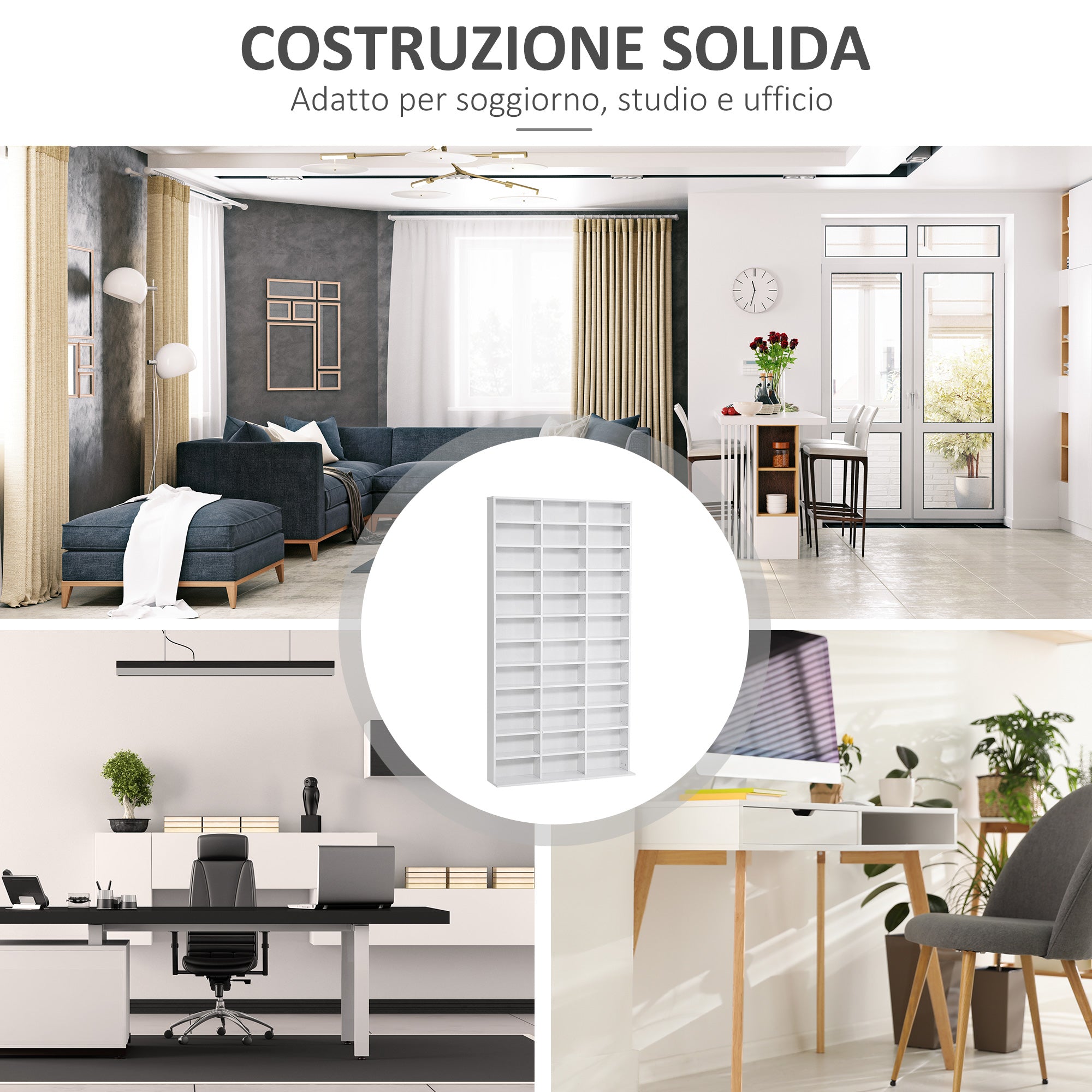 Wooden CD Bookcase with 3 Columns and 12 Adjustable Shelves, 102 x 23.5 x 195 cm, White