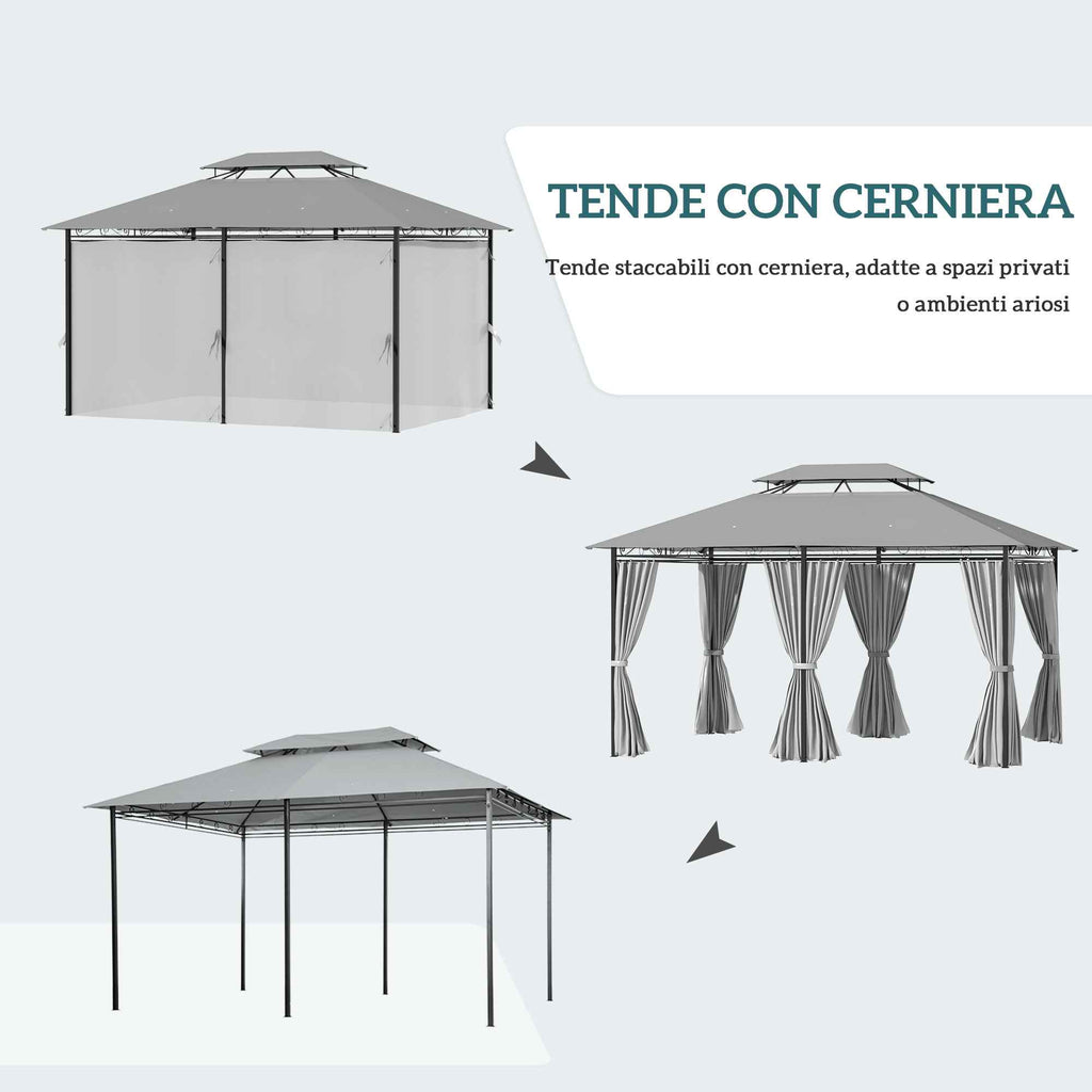 Outsunny Gazebo 4x3 m with 6 Curtains and 2-Tier Roof, in Steel and Polyester, Dark Grey