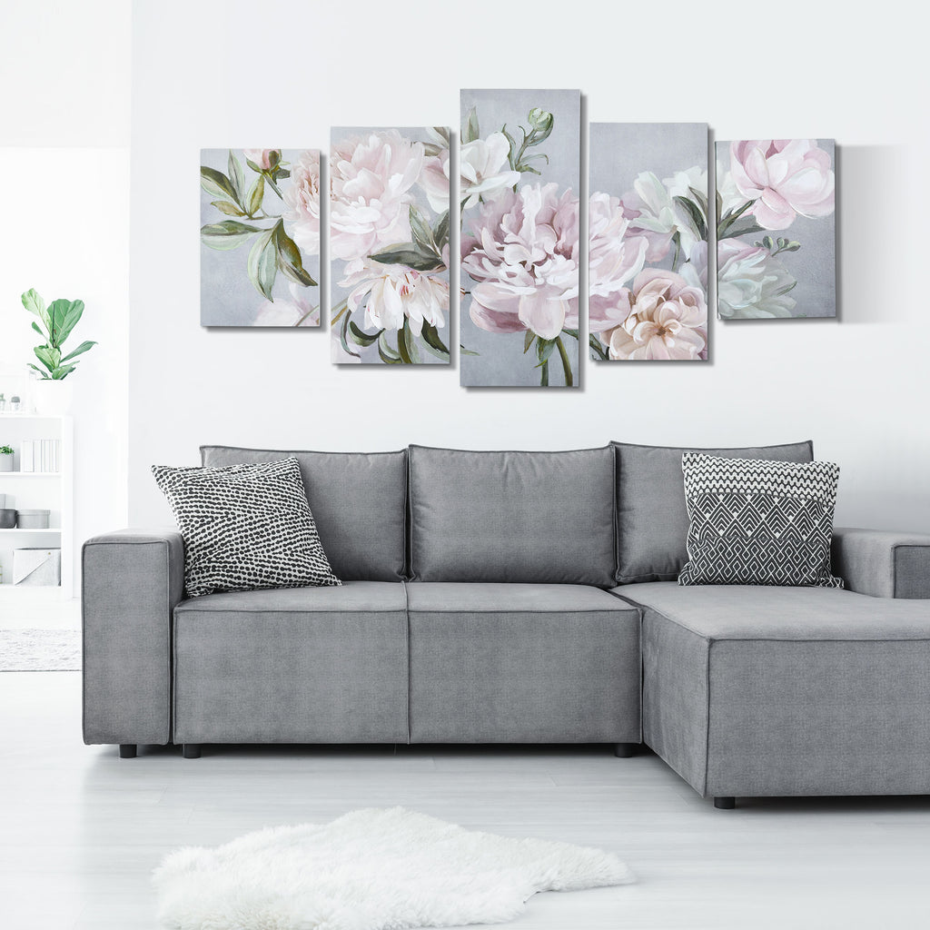 Peony Canvas Print, 5 Pieces for Home and Office, Pine Wood Canvas and Water-Based Paint, 200x100cm, Multicolor