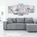 Peony Canvas Print, 5 Pieces for Home and Office, Pine Wood Canvas and Water-Based Paint, 200x100cm, Multicolor