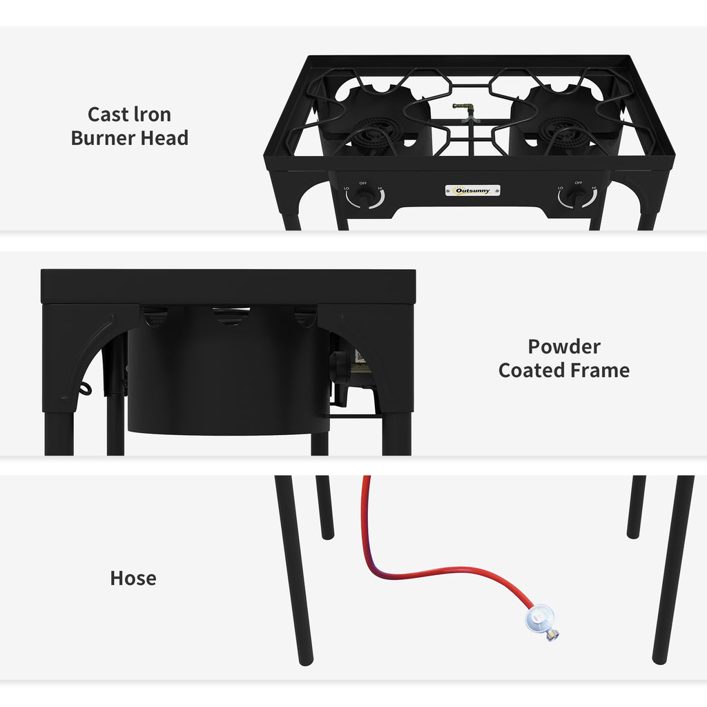 Outsunny camping gas stove with 2 150,000 BTU metal burners with removable legs, black - Borgè