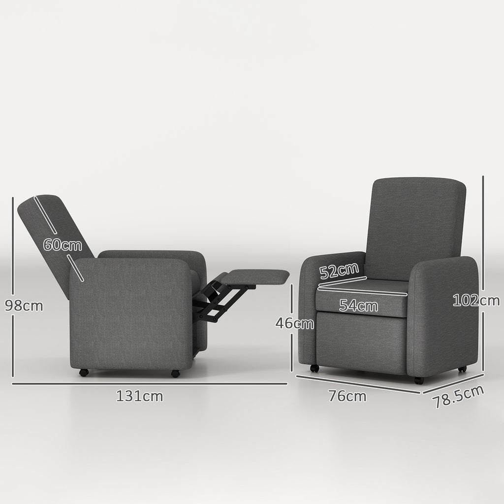 Reclining Armchair 115° max with Footrest and 4 Wheels, in Polyester and Wood, 76x78.5x102 cm, Gray