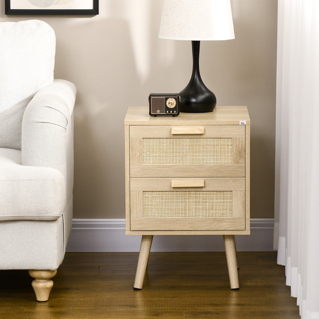 Boho Style Bedroom Nightstand with 2 Drawers, 40x40x56cm, Natural Wood Color