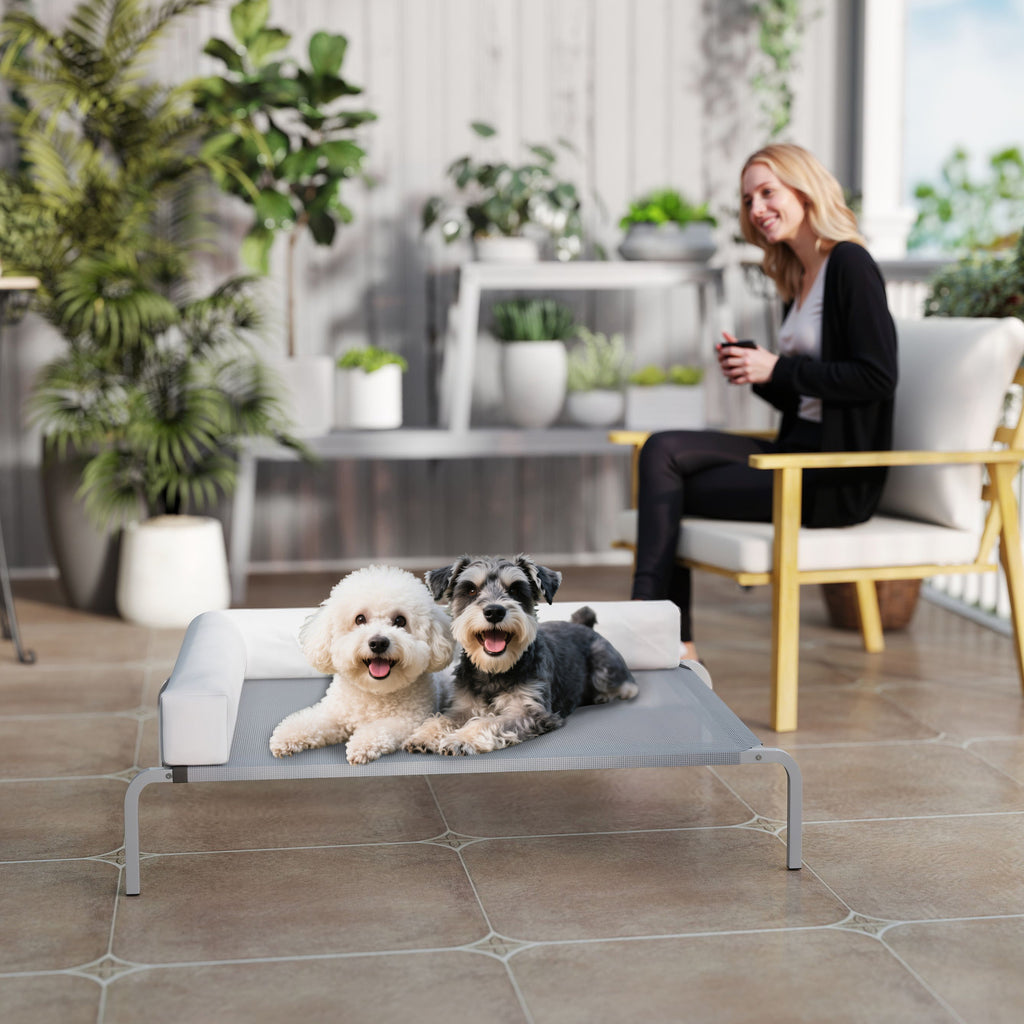 20cm Raised Dog Bed with L-Shaped Cushion, Polyester and Steel, 110x75x30cm, Grey and Silver
