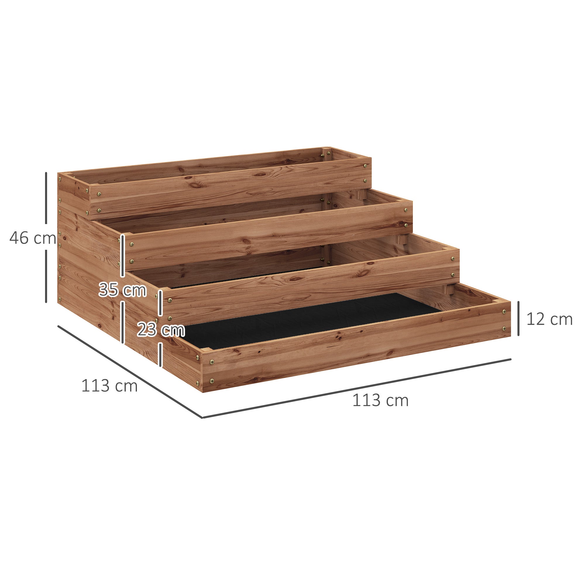 4-Level Raised Garden Bed in Fir Wood with Open Bottom, 113x113x46 cm, Brown