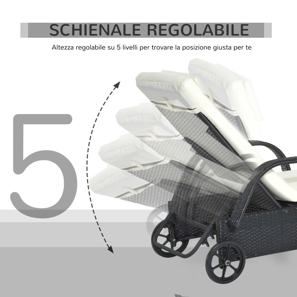 Garden Sun Lounger with Wheels, Height-Adjustable Rattan Beach Chair, Black and Cream, 200x73x103cm