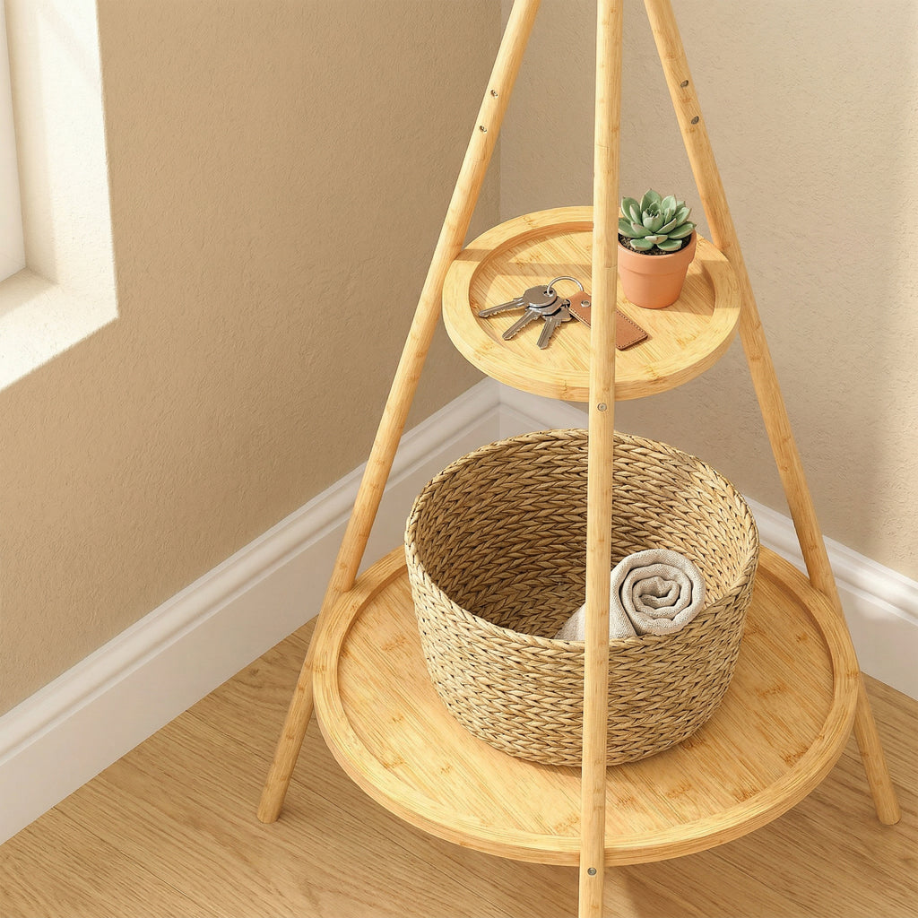 HOMCOM Clothes Tree with 9 Hooks and 2 Shelves, Natural