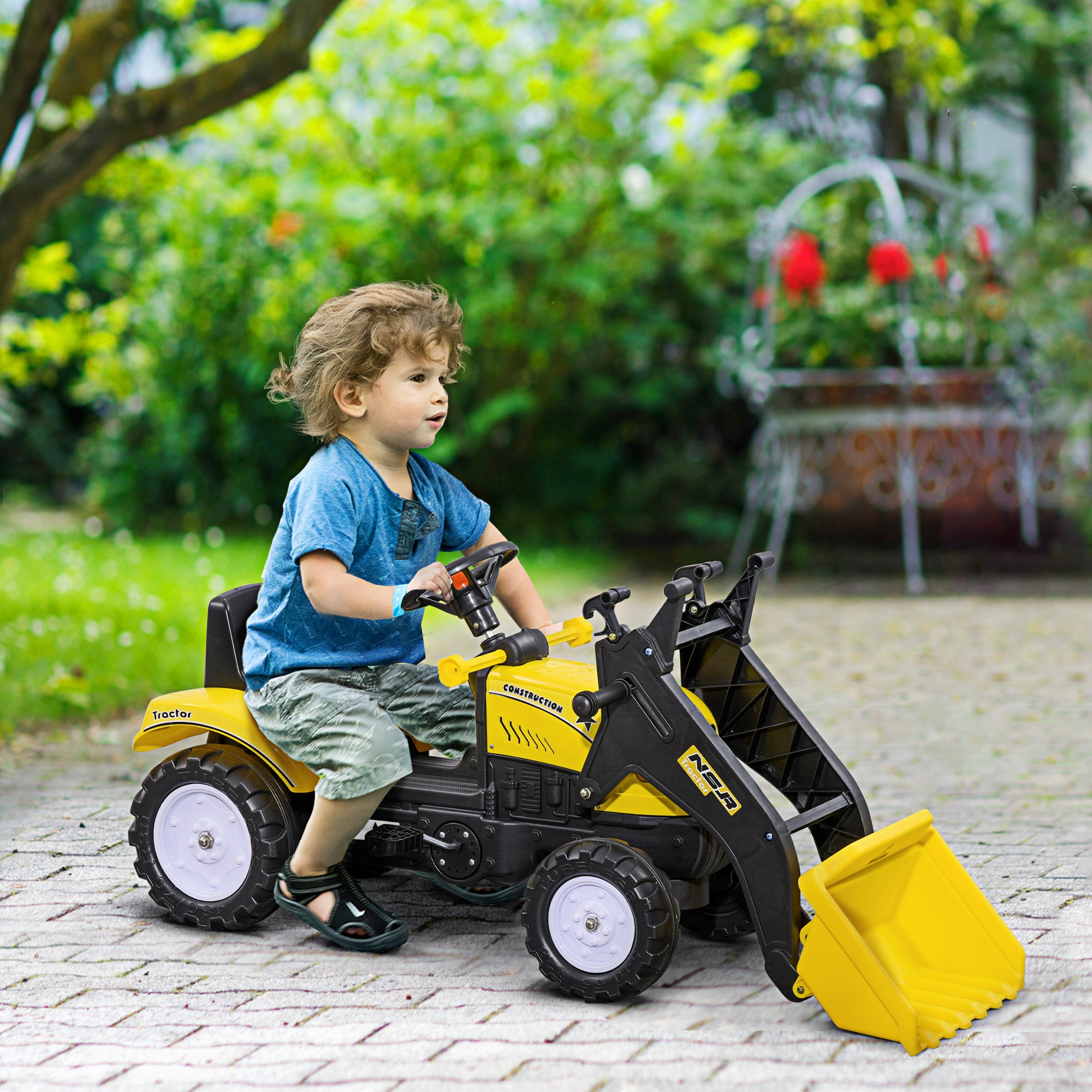 Pedal Excavator for Kids from 3 Years with Front Loader and Steering Wheel, Yellow