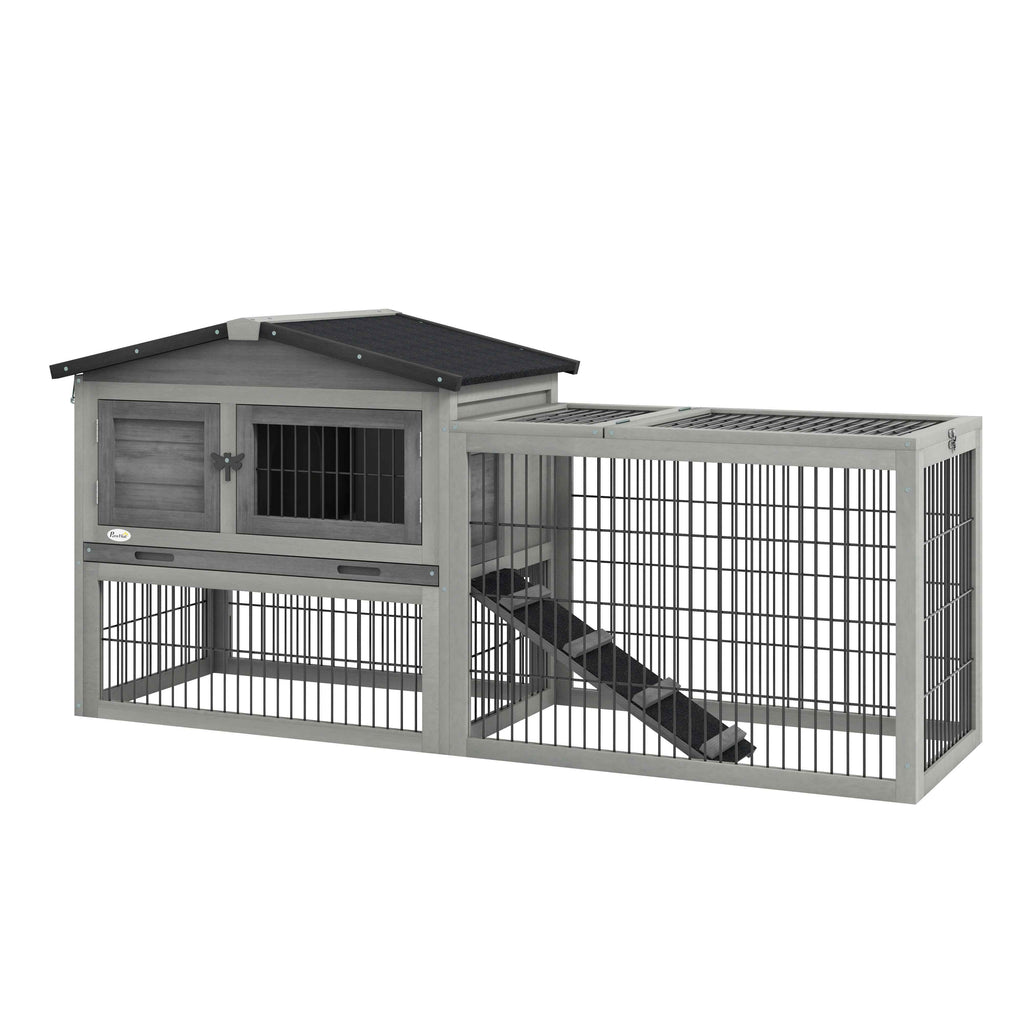 PawHut Outdoor Rabbit Hutch with Ramp, Opening Roof and Tray, Made of Fir Wood, 150x52x68 cm, Light Grey