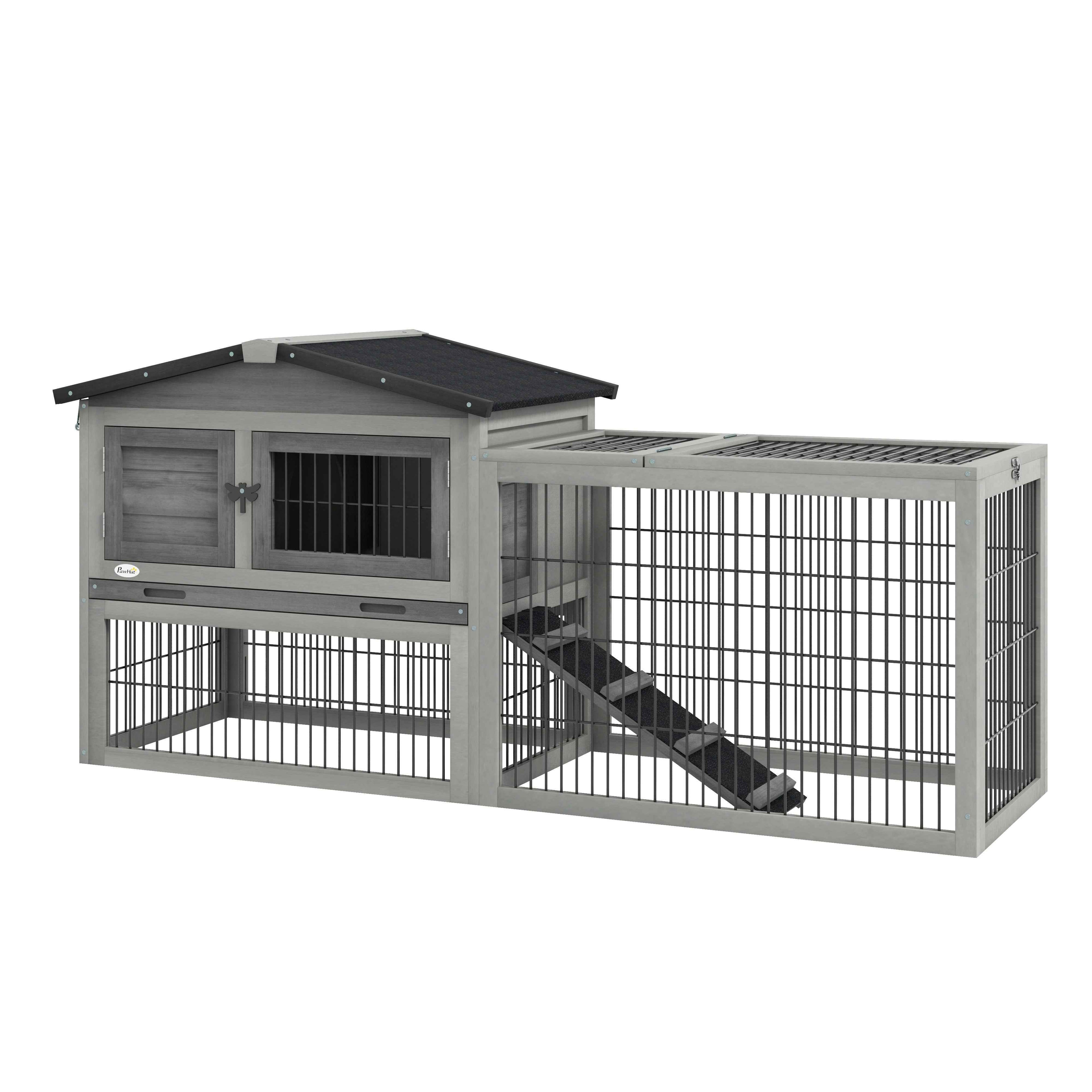 PawHut Outdoor Rabbit Hutch with Ramp, Opening Roof and Tray, Made of Fir Wood, 150x52x68 cm, Light Grey
