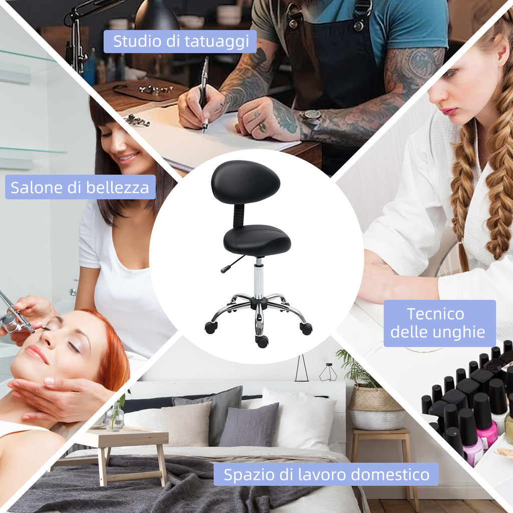 Beautician Stool with Wheels and Backrest, Adjustable Height and Swivel Seat in Faux Leather, Black