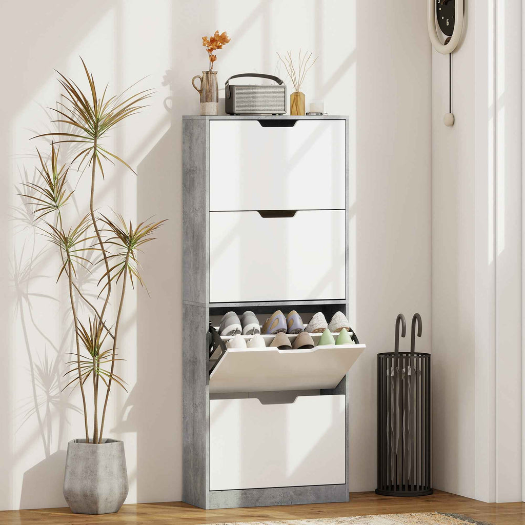 HOMCOM Space-Saving Modern 4-Door Shoe Rack for 16 Pairs of Shoes, 62.5 x 26 x 156 cm, Cement Grey