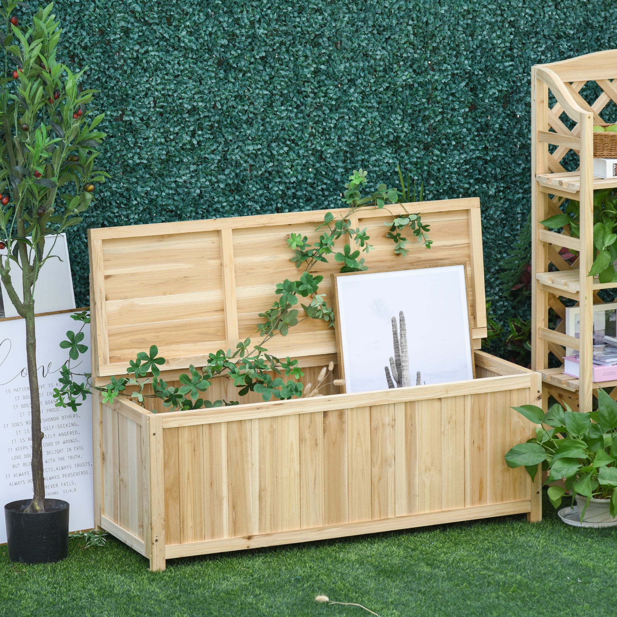 Outdoor Storage Bench in Natural Fir Wood with Backrest for Garden and Terrace, 115x45x75cm