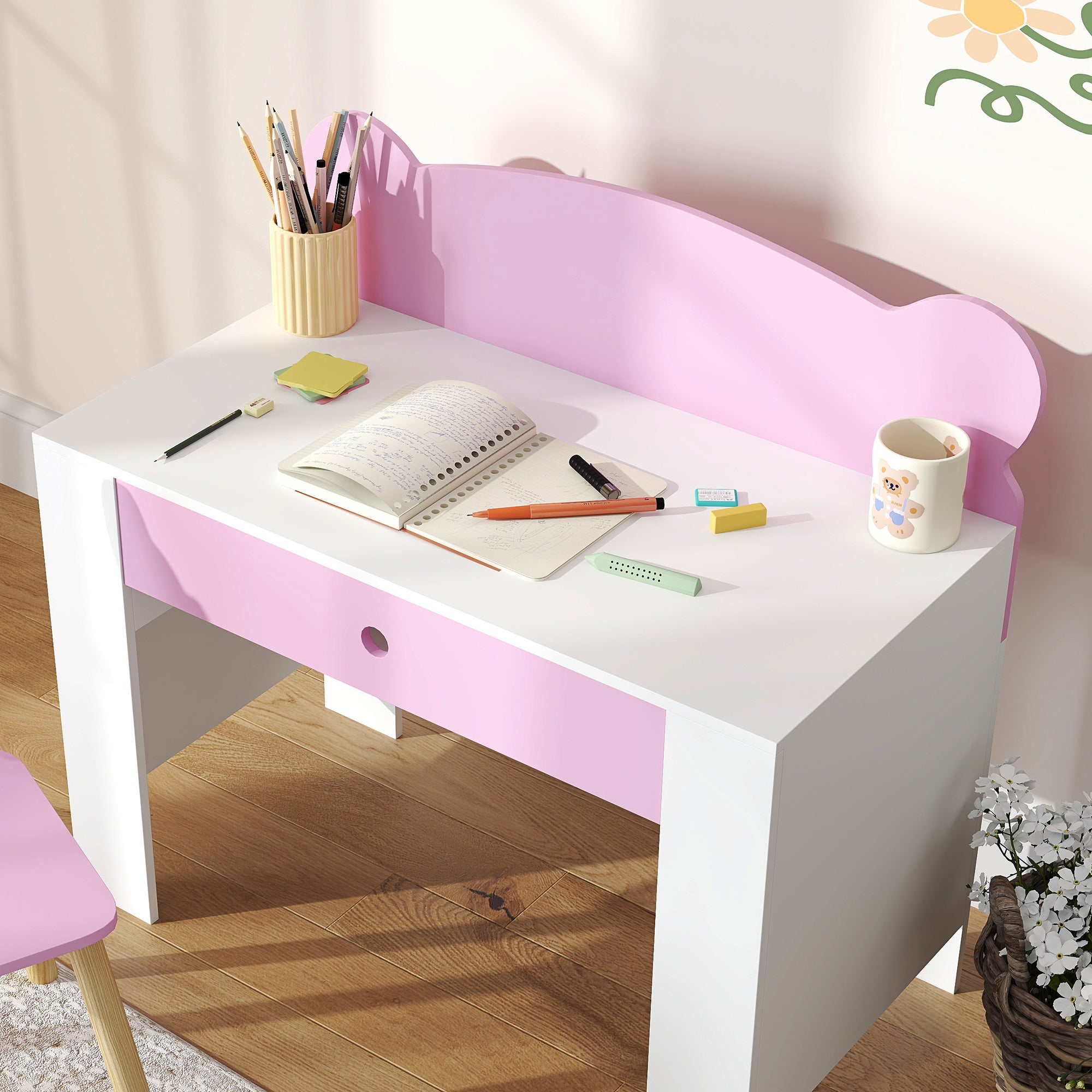 Children's Desk Set with Drawer and Chair with Teddy Backrest, Ages 3-8 Years, Pink