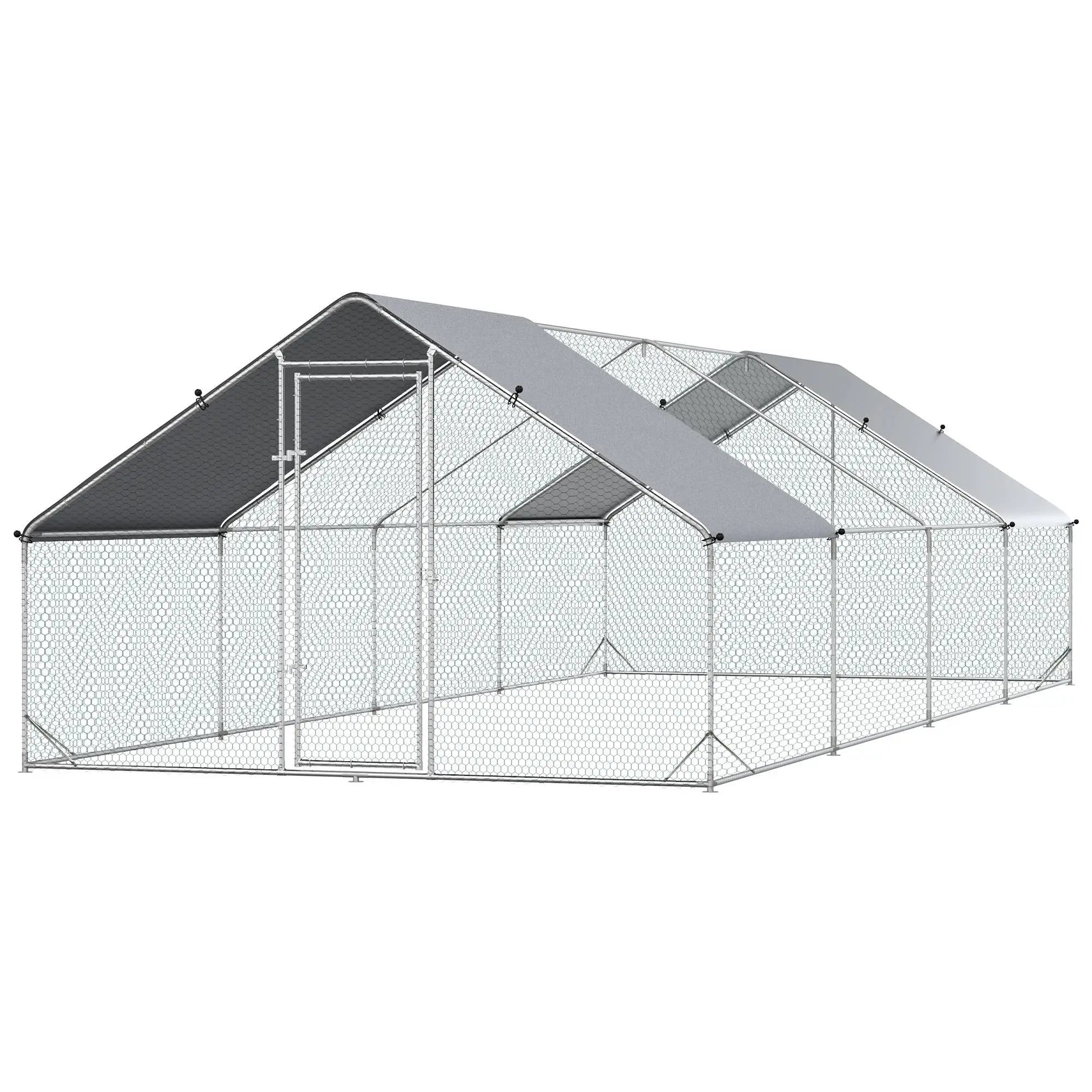 Garden Chicken Coop with Galvanized Frame, Waterproof Cover and Hexagonal Netting, 3x8x2m, Silver - Borge' Group Limited