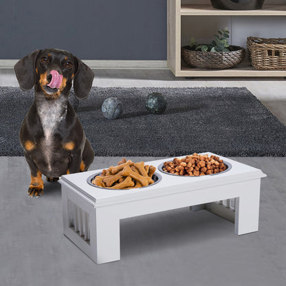 Pawhut Stainless Steel Raised Dog Bowl, MDF Wooden Base, with 2 Plates, 44x24x15cm - Borgè