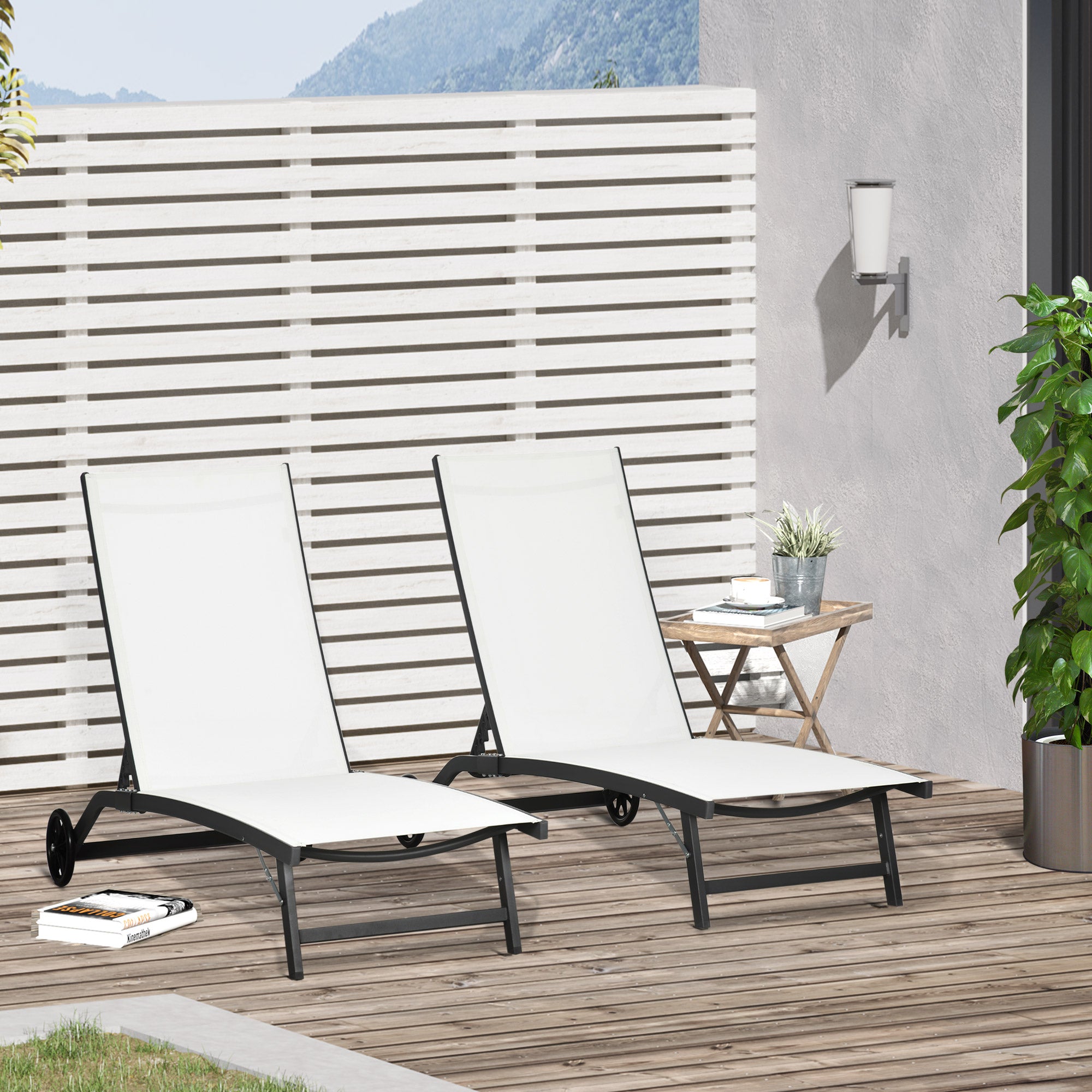 Outsunny Set of 2 Sun Loungers with Reclining Backrest, in Aluminum and Breathable Fabric, 66x165x102 cm, Cream