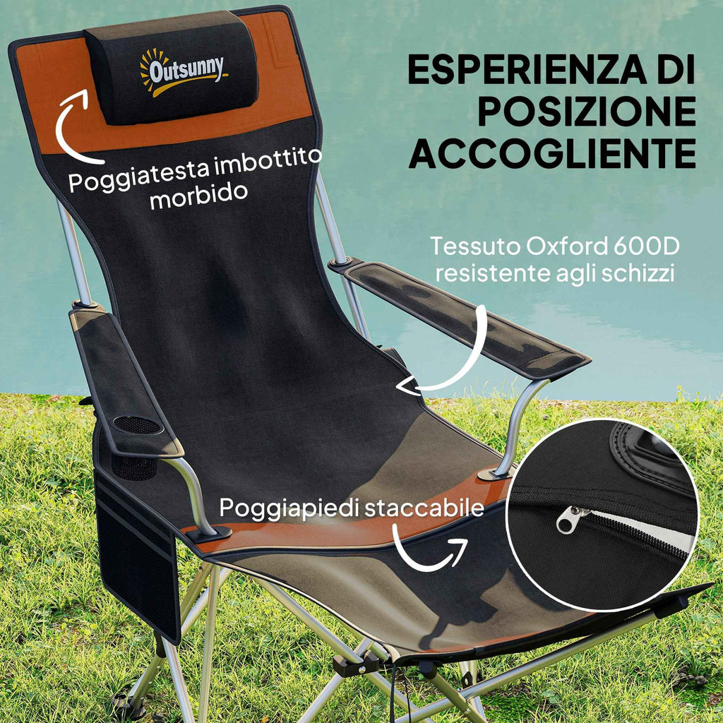 Outsunny Set of 2 Folding Camping Chairs with Footrest and Cup Holder, 82x50/100x88 cm, Black and Orange