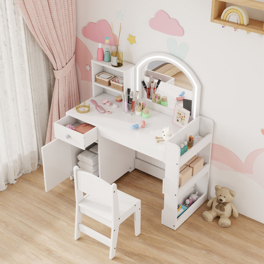 AIYAPLAY 2-in-1 Kids Dressing Table Set with Mirror, Chair, LED Light, Cabinet, Shelves and Bookcase, White
