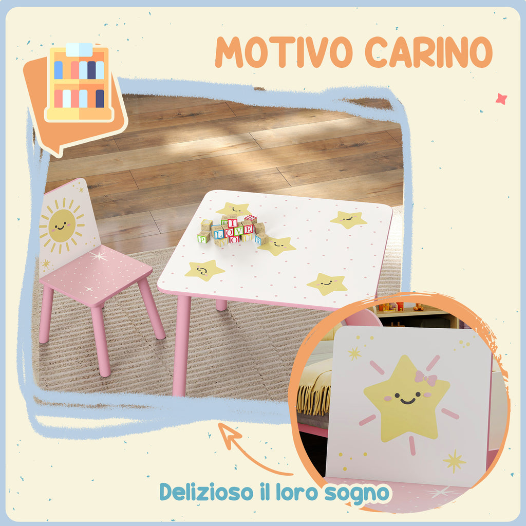 Children's Room Furniture Set with Table and 2 Chairs for Children Ages 3-8 with Star Pattern, Pink