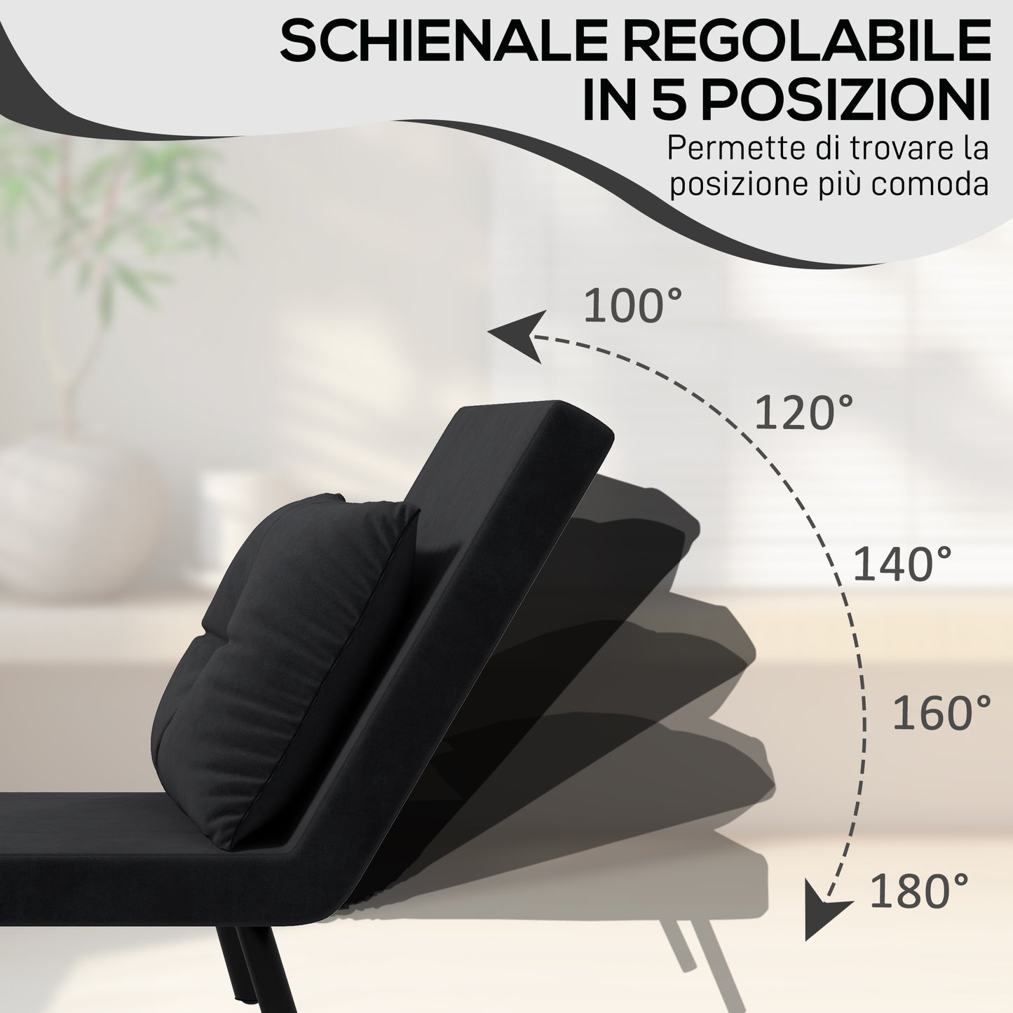 Velvet Black, 3 in 1 Sofa Bed with 5-Position Reclining Backrest and Cushion, 63x73x81 cm, Black