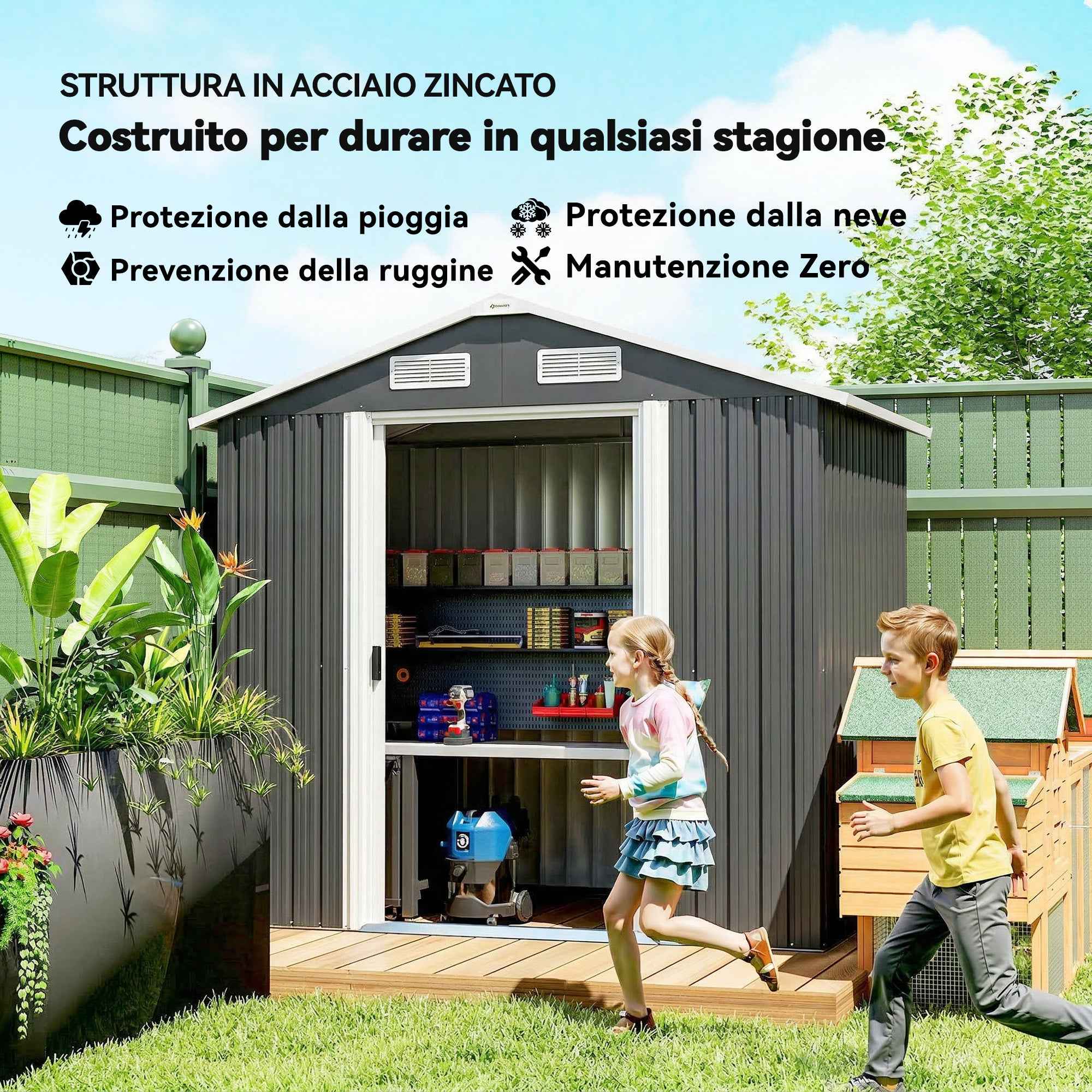 Outsunny Steel Garden Shed with 2 Sliding Doors, Black, 2.6 m²