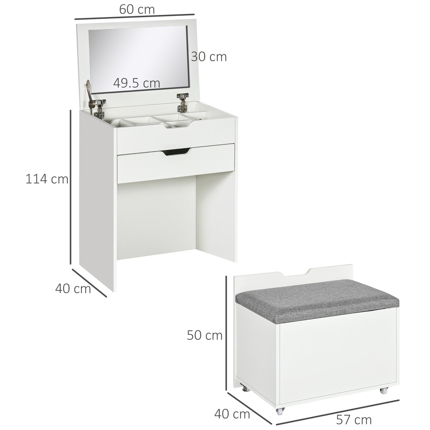 CAMELE | Bedroom dressing table with mirror, drawer and matching stool in wood, white