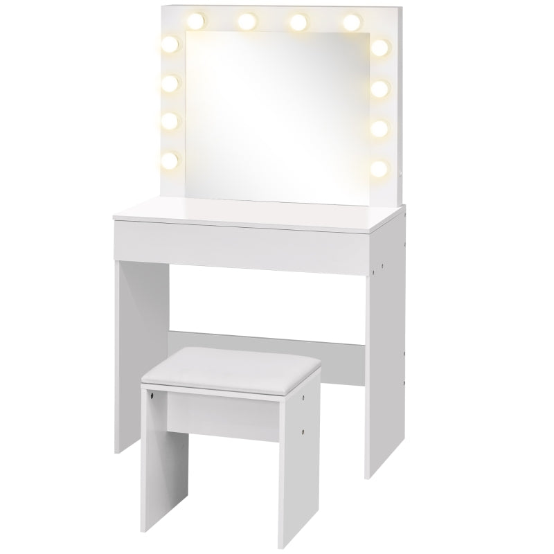 Hollywood Vanity Mirror with 12 LED Lights and White Wooden Stool - Borgè