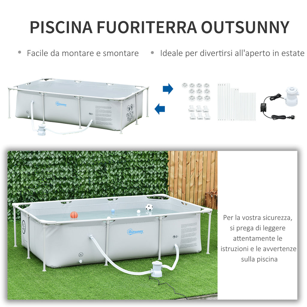 Freestanding Above Ground Pool, Rectangular Rigid Pool with Filter and Valve in Steel and PVC, Grey, 252x152x65cm