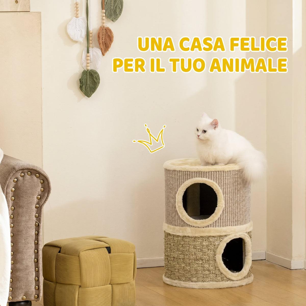 PawHut Cat Scratching Tower with 2 Nests, Sisal Rope and Seaweed, Plush Edge, Khaki