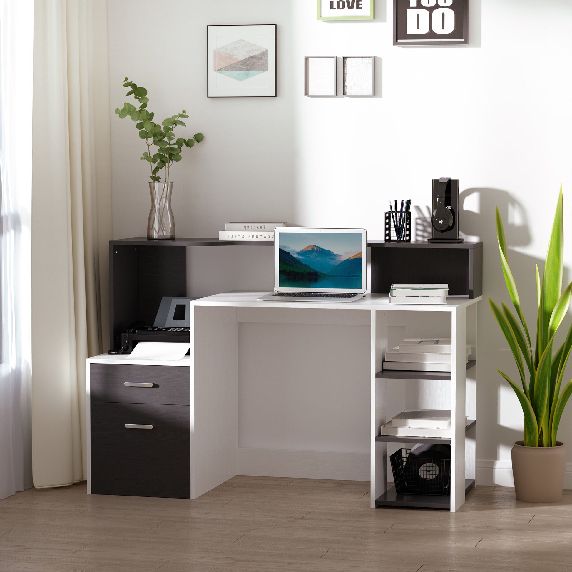 Homcom office desk with printer shelf, 2 drawers and 3 shelves, in black and white mdf, 137 x 55 x 92cm - Borgè